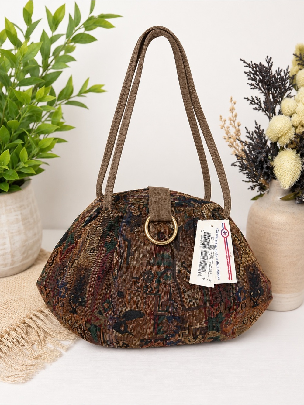 New Vintage 90s Tapestry Brown Boho Shoulder Bag Women’s Large Purse